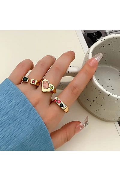 Takıtolia Pivel Gold - 3 Colorful Sparkling Stone Heart Figured Stylish Design Vintage Multiple Gold Ring Set