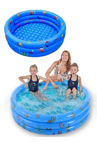 Joyful Box Round Inflatable Pool for Children, Double Soft Base, 90 Cm, Blue