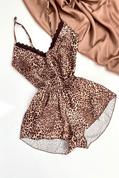 Gece İncisi Leopar Saten Şortlu Takım