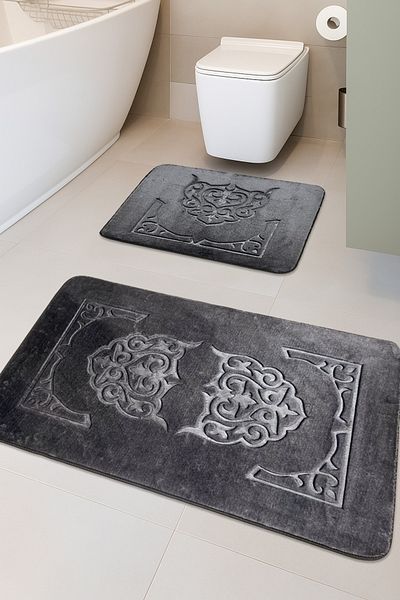 FeelHome Taşkent Deluxe - Αντιολισθητική βάση, Anthracite Luxury Printed Doormat Σετ 2 τεμαχίων, Super Soft Absorbent