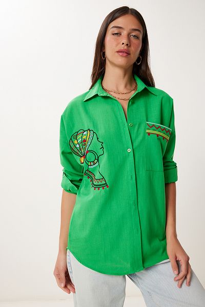 Lovelyİstanbul Cămașă oversize de in VERDE - Detaliu broderie LDE0007
