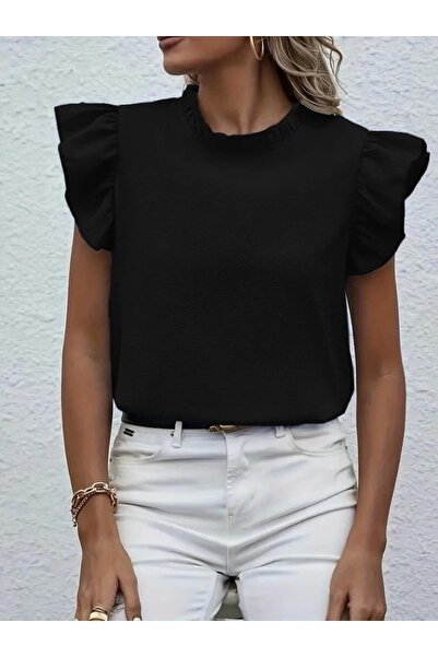 Melek Moda Women's Short Sleeve Ruffle Collar Wrap Blouse