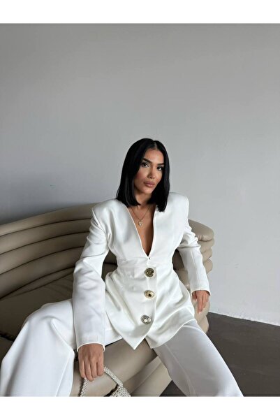 SOFT Fancy 3 Metal Buttons Decollete Collar Jacket-Pants Set