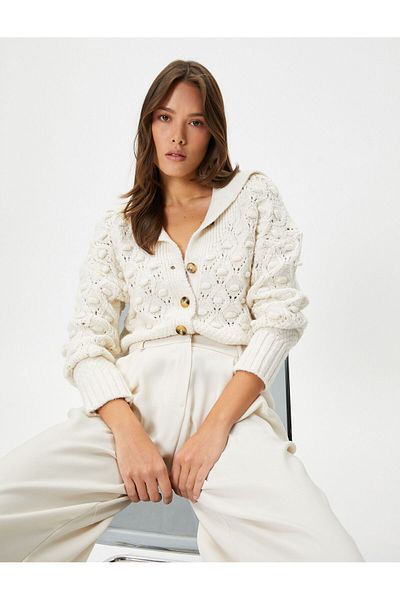 Koton Oversize Knitted Cardigan Buttoned Textured Wide V-Neck