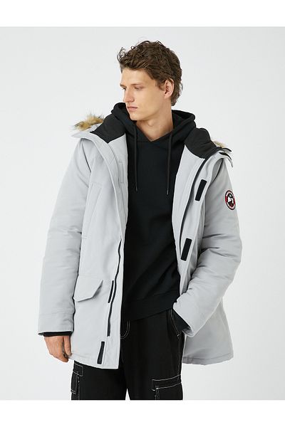 Koton Faux Fur Hooded Anorak - Zippered and Label Printed