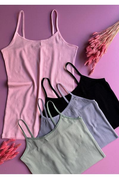 Elosia Libre Line |   4-Piece Pink, Green, Black and Blue Cotton Ribbed Thread Strap Tank-Blouse