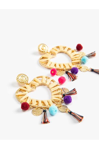 Koton Straw Earrings with Hanging Heart Shaped Tassels
