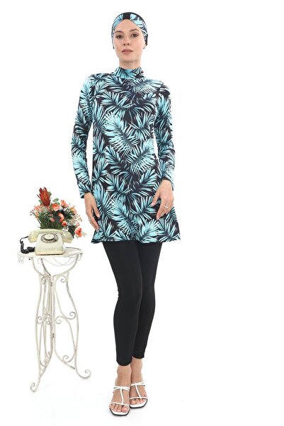 EB beachwear Water Green Leaf Pattern Lycra Full Covered Hijab Swimsuit Micro Fabric Hashama on Black Background