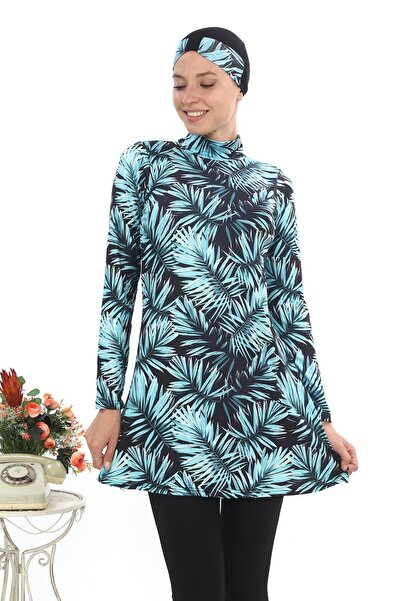 EB beachwear Water Green Leaf Pattern Lycra Full Covered Hijab Swimsuit Micro Fabric Hashama on Black Background