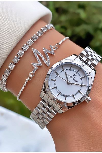Daniel Klein Premium Women's Gift Set – Silver Watch, Clover Bracelet & Sunburst Heart Necklace - Gift Boxed