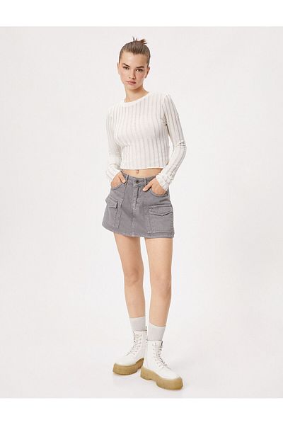 Koton Denim Shorts Skirt Mini Gabardine Fabric Zippered Buttoned