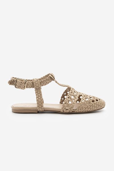 Marjin Damen-Sandalen mit Knöchelriemen und offenem Rücken, handgestrickt, lässig, Zervin Beige