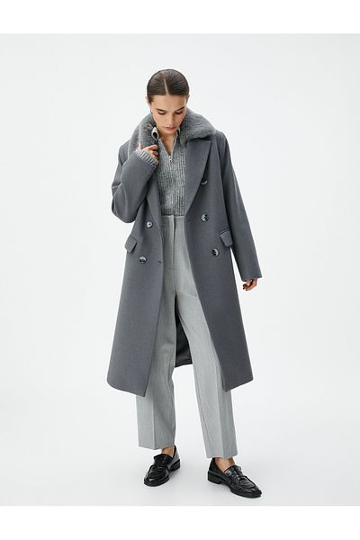 Koton Long Stretch Coat Removable Faux Fur Double Breasted Buttons