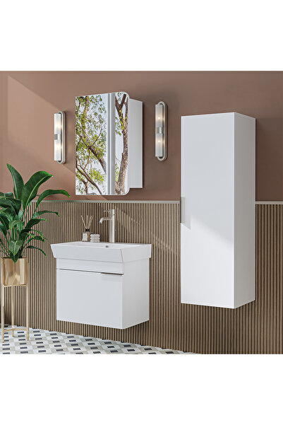 ROOMART Likya Mdflam Kapaklı Lavabolu 60 Cm Banyo Alt Dolabı + Banyo Üst Dolabı + Banyo Boy Dolabı