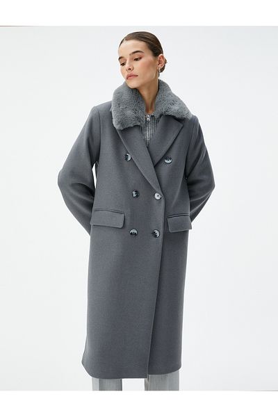 Koton Long Stretch Coat Removable Faux Fur Double Breasted Buttons