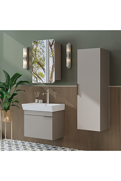 ROOMART Likya Mdflam Kapaklı Lavabolu 60 Cm Banyo Alt Dolabı + Banyo Üst Dolabı + Banyo Boy Dolabı