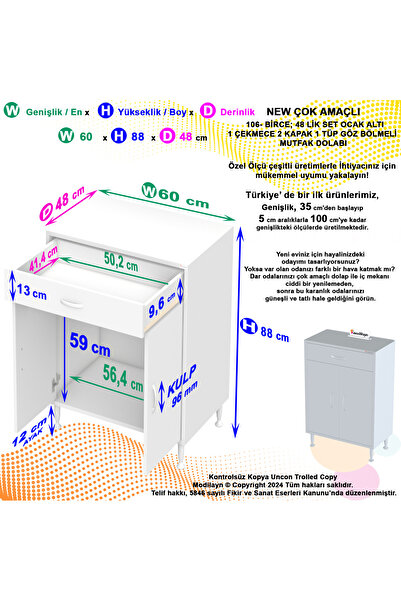 Modilayn Set Altı Dolap Mutfak Dolabı Çok Amaçlı Dolap Tüp Dolabı Çekmeceli