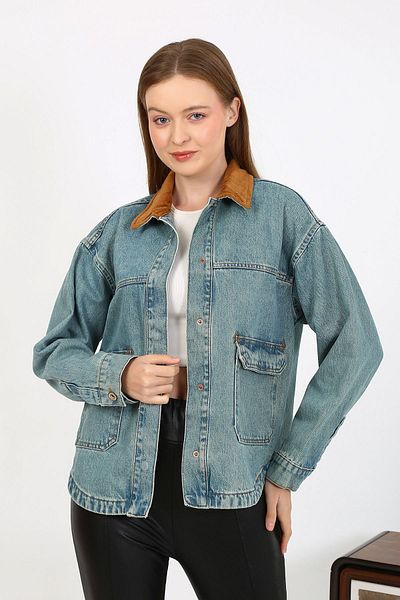VELLICHOR Jachetă din denim cu guler de catifea Albastru deschis