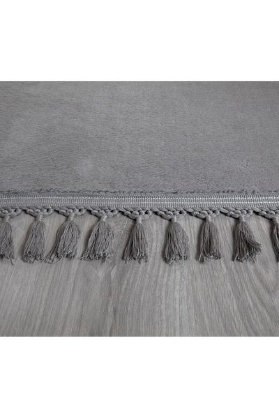 Myevilla Simirna Pompom Fringed Plush Washable Non-Slip Bath Mat 2-Piece Toilet Set Gray