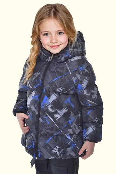 Firststops Girl's Saks Anthracite Digital Pattern Fleece Water and Windproof Hooded Puffer Winter Coat