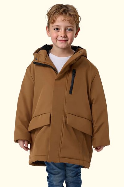 Firststops Tan Color Boys' Raincoat - Waterproof and Windproof, Hood, Double Zipper and Pocket