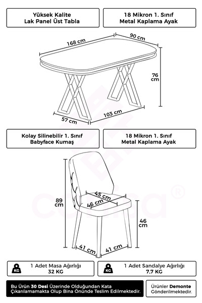 Canisa Afe Serisi 90x168 Lak Panel Beyaz Mermer Desen Gold Ayak Masa Takımı 6 Krem Sandalye