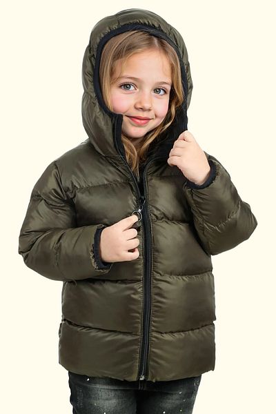 Firststops Girl's Fleece-Inner Khaki Coat - Waterproof and Wind-Resistant Hooded Winter Inflatable