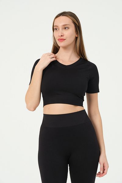 FOREVER MORE Tricou elastic fără cusături cu mânecă scurtă cu decolteu în V pentru femei