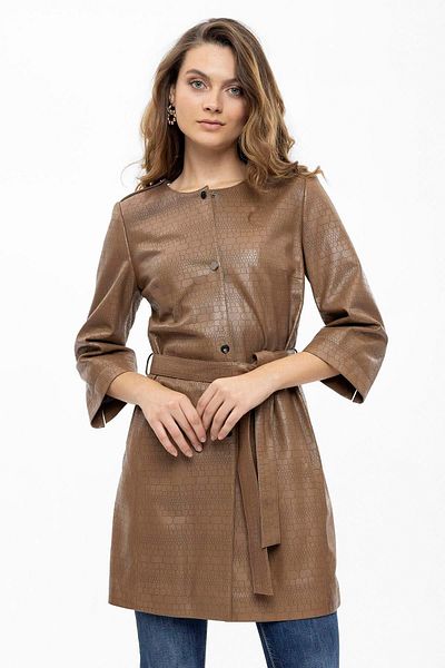 Deriderim Diana Beige Perforated Waist Belted Lined Women's Genuine Leather Coat