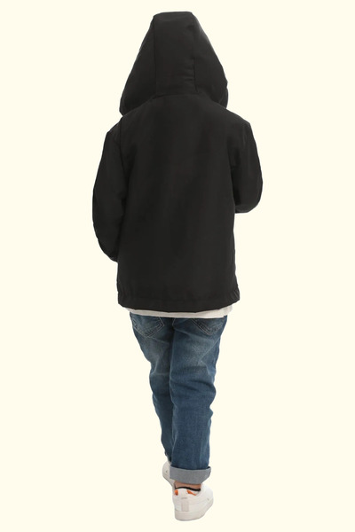 Firststops Boy's Black Lined Water and Windproof Hooded Double Zipper Pocket Raincoat