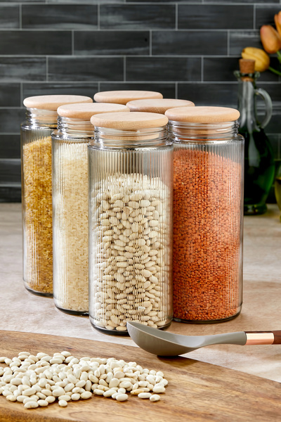 Roslina 6'lı Ahşap Vakum Kapaklı Çizgili Cam Kavanoz Erzak Bakliyat Saklama K...