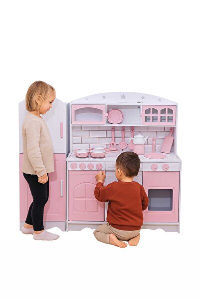 Özka Hobi Ahşap Özka Hobi Boyalı Buzdolaplı Mutfak Tencere Tava Setli