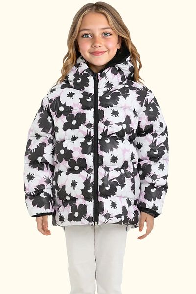 Firststops Girl's White Purple Flower Pattern Fleece Water and Windproof Hooded Puffy Winter Coat