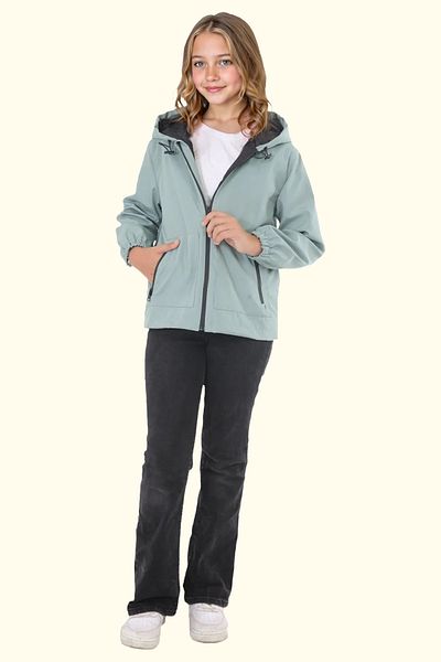 Firststops Mint Green Girl's Raincoat - Water and Windproof, Hooded, Double Zipper and Pocket