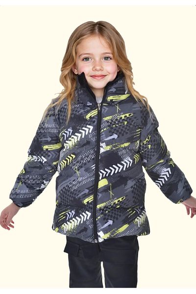 Firststops Girl's Yellow Black Digital Pattern Fleece Water and Windproof Hooded Puffer Winter Coat