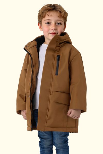 Firststops Tan Color Boys' Raincoat - Waterproof and Windproof, Hood, Double Zipper and Pocket