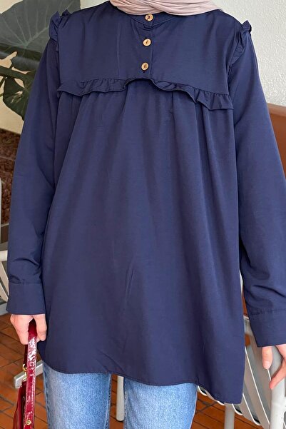 lamelif Judge Collar Front Pleated Tunic Navy Blue