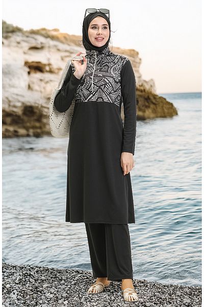 sefamerve Ethnisch gemusterter, vollständig bedeckter Hijab-Badeanzug 2313-01 Schwarz
