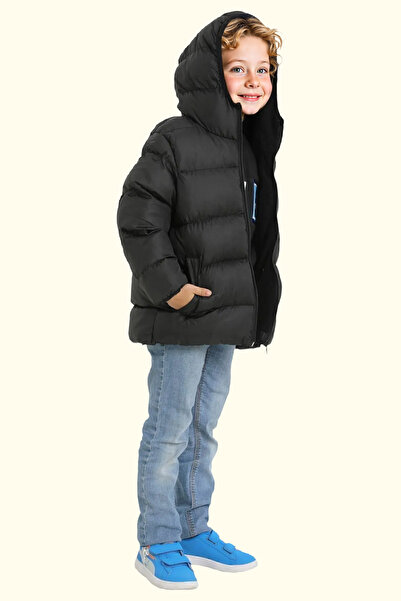 Firststops Erkek Çocuk Siyah İçi Polarlı Kapüşonlu Su Geçirmez Rüzgara Dayanıklı Cepli Şişme Kışlık Mont