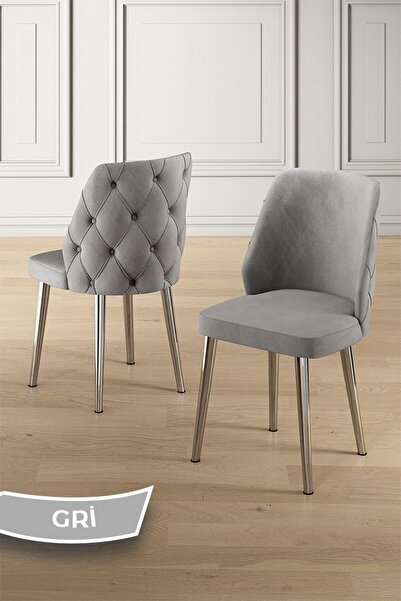 Canisa Afe Serisi 90x168 Lak Panel Beyaz Mermer Desen Krom Ayak Masa Takımı 6 Gri Sandalye