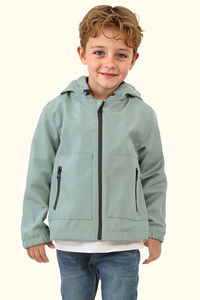 Firststops Mint Green Water and Windproof Hooded Raincoat for Boy - Double Zipper and Pocket