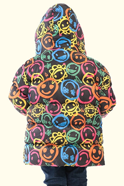 Firststops Erkek Çocuk Gülen Emoji İçi Polarlı Kürklü Su Ve Rüzgar Geçirmez Kapüşonlu Cepli Kışlık Şişme