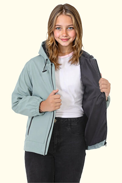 Firststops Αδιάβροχο για κορίτσια Mint Green - Αδιάβροχο και αντιανεμικό με κουκούλα, διπλό φερμουάρ και τσέπες