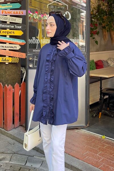 lamelif Flores Ruffled Tunic Navy Blue