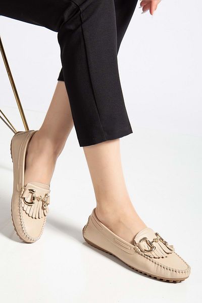ANALİN SHOES Γυναικεία Γνήσια Δερμάτινη Πόρπη Classic Loafer - Μπεζ