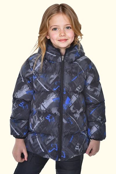 Firststops Girl's Saks Anthracite Digital Pattern Fleece Water and Windproof Hooded Puffer Winter Coat