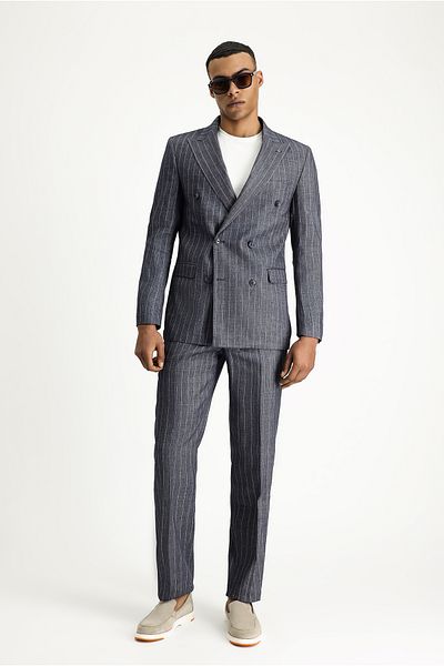Abdullah Kiğılı Regular Fit Striped Linen Blend Double Breasted Suit
