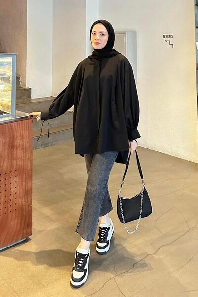 lamelif Manşeti Biyeli Tunik Siyah