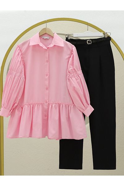 Modamorfo Sleeve Gathered Ruffle Detailed Shirt -Pink