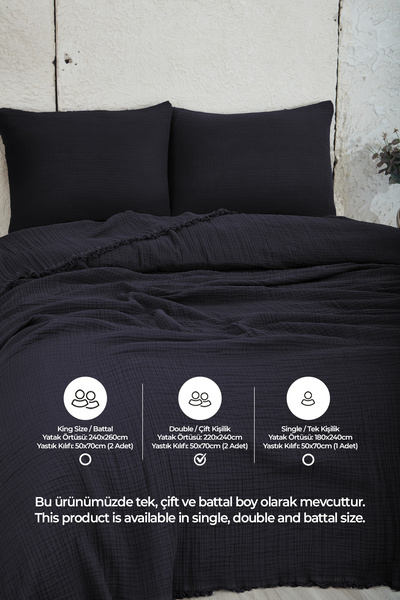 Evlen Home Collection %100 Pamuk Çift Kişilik Müslin Yatak Örtüsü 4 Katlı Yumuşak Battaniye Müslin Pike Takımı 3 Parça